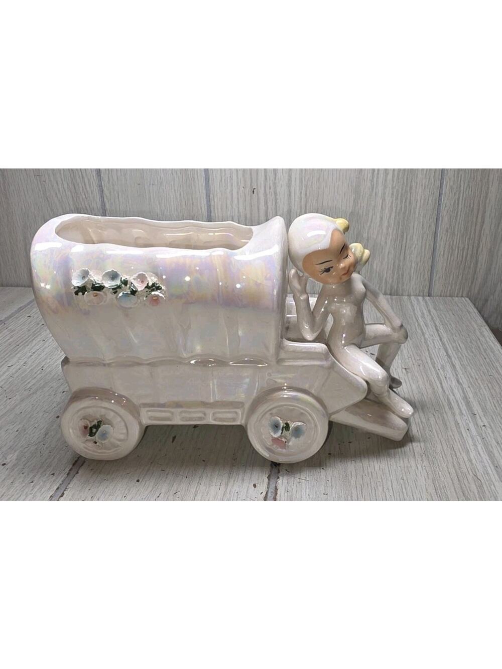 Vtg Lefton Iridescent Luster Ware Pixie Elf Fairy Planter Vase Floral Wagon MCM